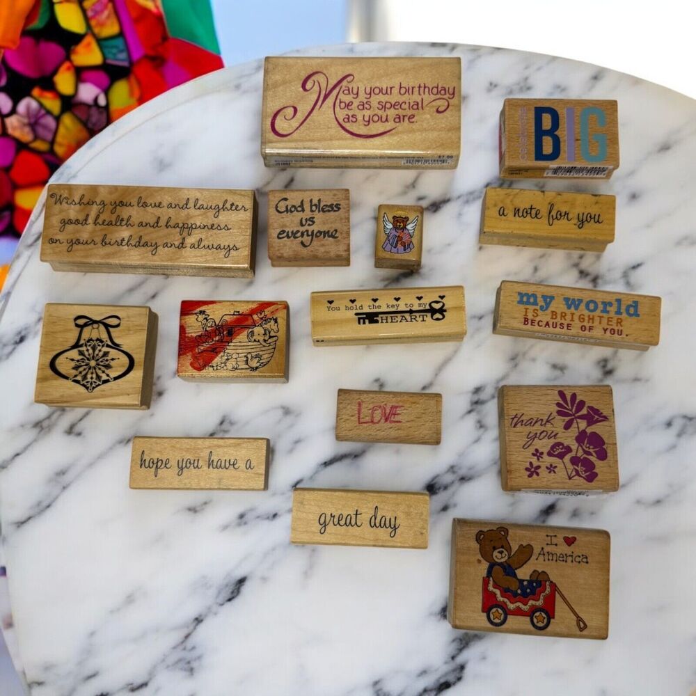 Vintage Collection Wood & Rubber Stamps Lot Total of 15 Stamps Assorted